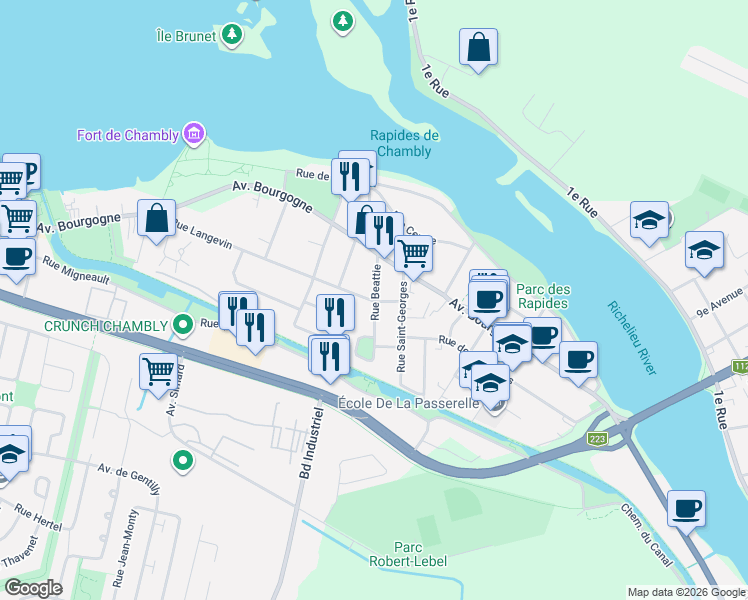 map of restaurants, bars, coffee shops, grocery stores, and more near 45 Rue Langevin in Chambly
