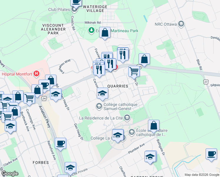 map of restaurants, bars, coffee shops, grocery stores, and more near in Ottawa