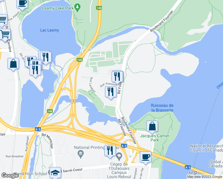 map of restaurants, bars, coffee shops, grocery stores, and more near 7 Rue Henri-Gauthier in Gatineau
