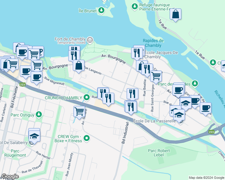 map of restaurants, bars, coffee shops, grocery stores, and more near 21 Rue Irénée Auclaire in Chambly