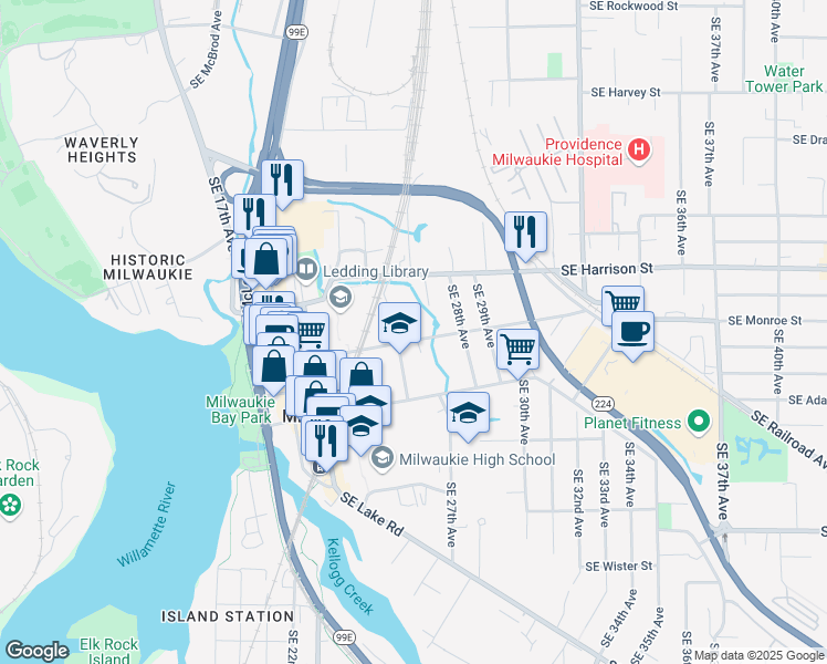 map of restaurants, bars, coffee shops, grocery stores, and more near 2406 Southeast Harrison Street in Milwaukie