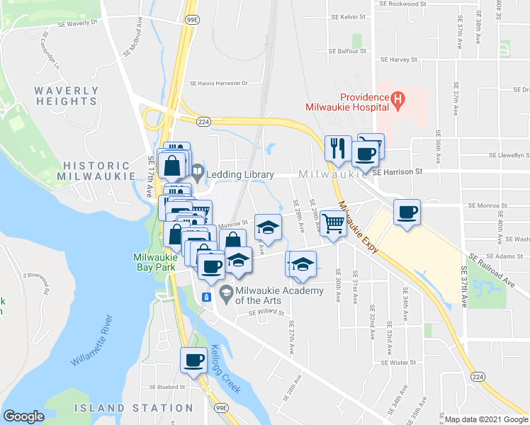 map of restaurants, bars, coffee shops, grocery stores, and more near 2406 Southeast Harrison Street in Milwaukie