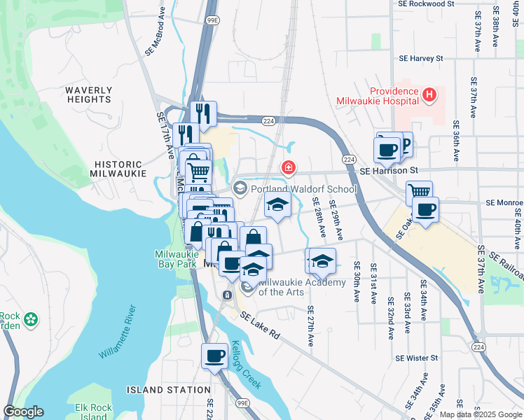 map of restaurants, bars, coffee shops, grocery stores, and more near 2300 Southeast Harrison Street in Milwaukie