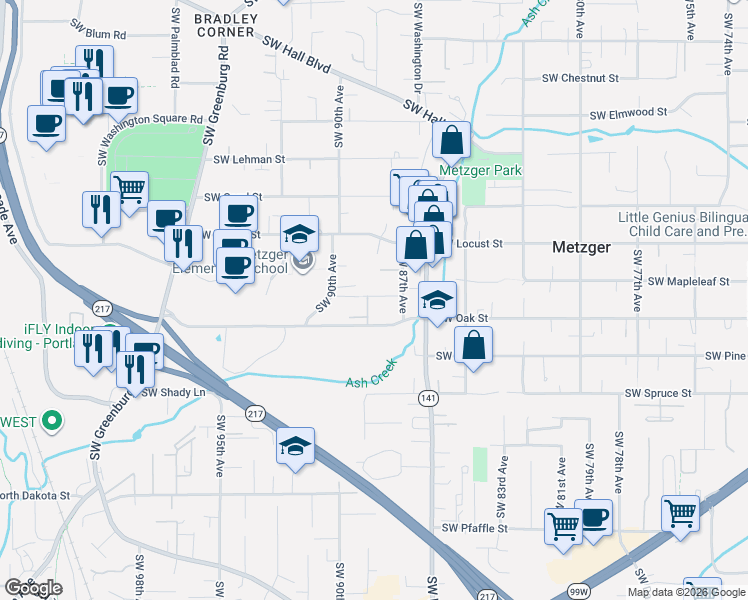 map of restaurants, bars, coffee shops, grocery stores, and more near 10313 Southwest 87th Avenue in Tigard