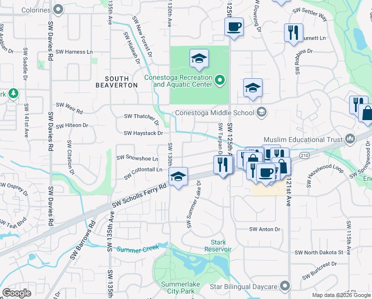 map of restaurants, bars, coffee shops, grocery stores, and more near 10305 Southwest Clydesdale Terrace in Beaverton