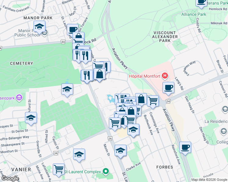 map of restaurants, bars, coffee shops, grocery stores, and more near in Ottawa