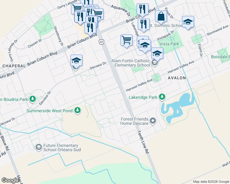map of restaurants, bars, coffee shops, grocery stores, and more near 110 Sweetvalley Drive in Ottawa