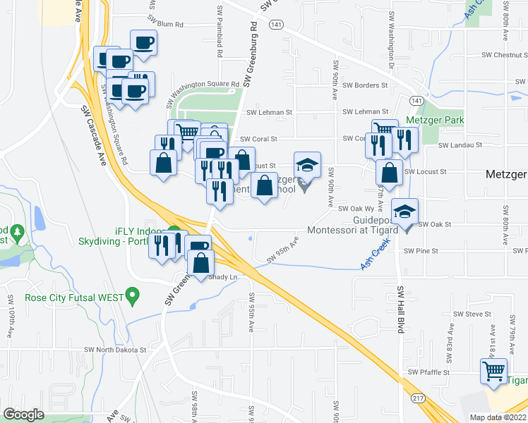 map of restaurants, bars, coffee shops, grocery stores, and more near 10260 Southwest Greenburg Road in Portland