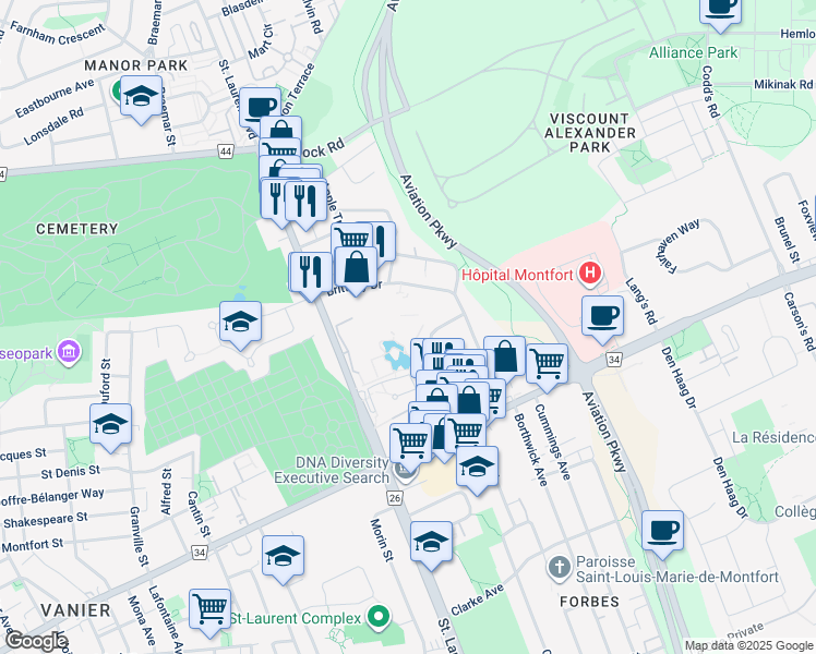 map of restaurants, bars, coffee shops, grocery stores, and more near 260 Brittany Drive in Ottawa
