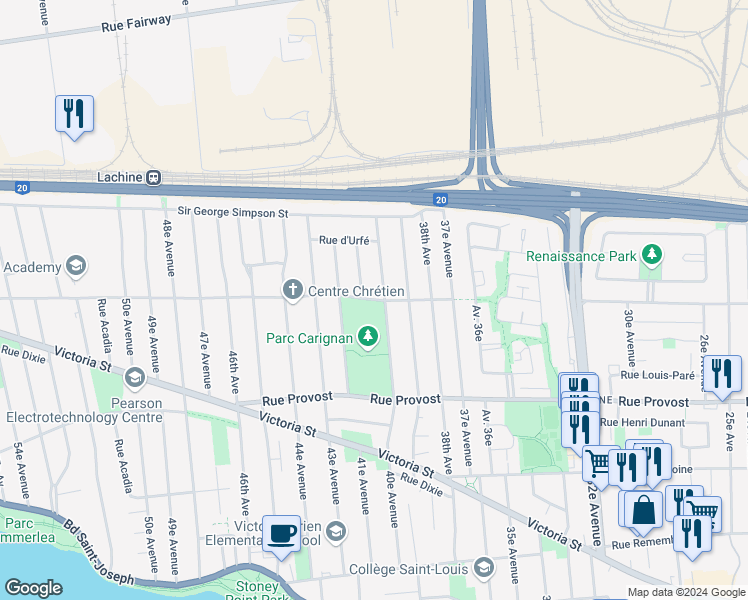 map of restaurants, bars, coffee shops, grocery stores, and more near Rue Sherbrooke in Lachine