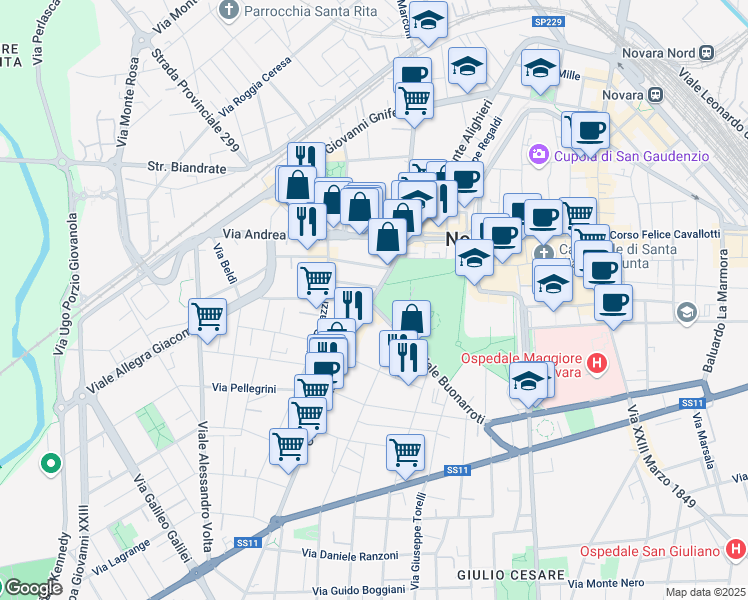 map of restaurants, bars, coffee shops, grocery stores, and more near 2-4 Via Giulio Biglieri in Novara