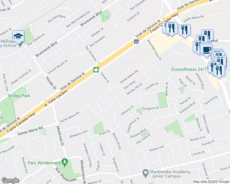 map of restaurants, bars, coffee shops, grocery stores, and more near 3055 Rue Daniel in Kirkland