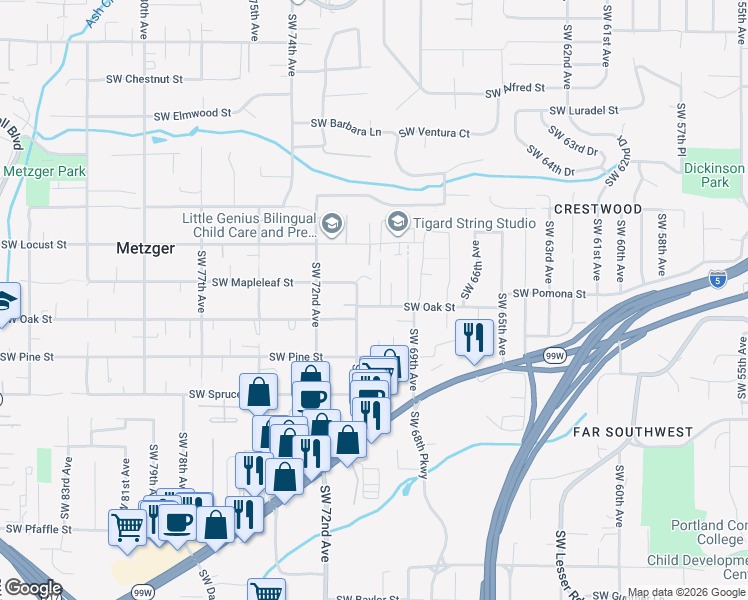 map of restaurants, bars, coffee shops, grocery stores, and more near 7015 Southwest Oak Street in Tigard