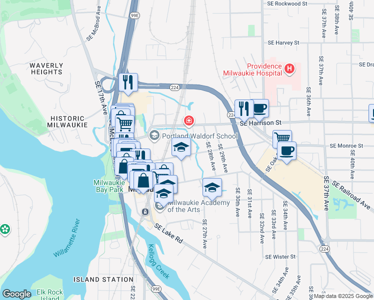 map of restaurants, bars, coffee shops, grocery stores, and more near 2406 Southeast Harrison Street in Milwaukie