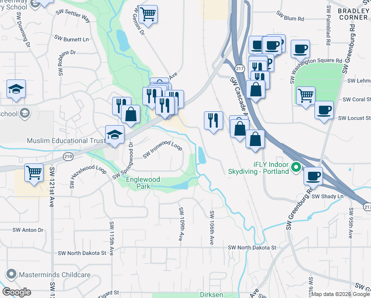 map of restaurants, bars, coffee shops, grocery stores, and more near 11348 Southwest Ironwood Loop in Tigard