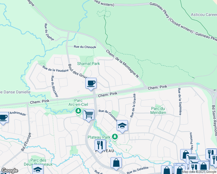 map of restaurants, bars, coffee shops, grocery stores, and more near 39 Rue des Alizés in Gatineau