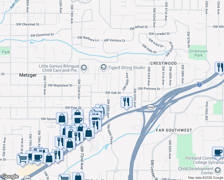 map of restaurants, bars, coffee shops, grocery stores, and more near 6817 Southwest Oak Street in Tigard