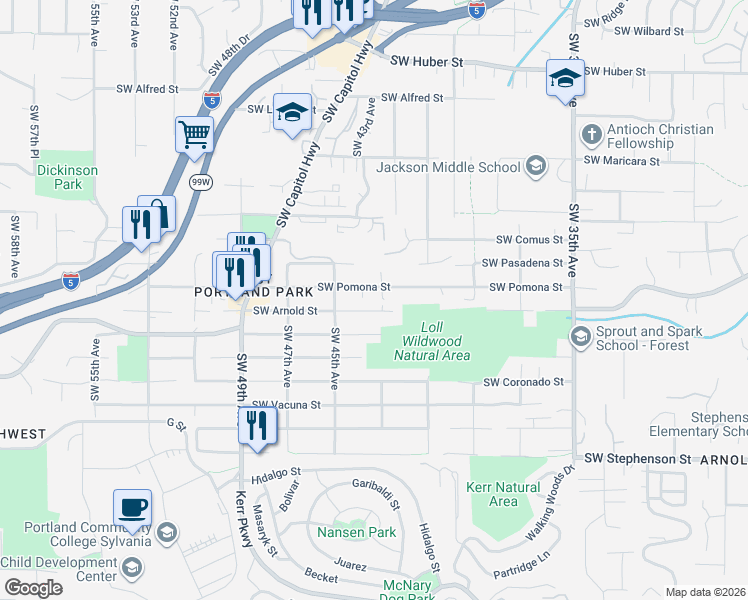 map of restaurants, bars, coffee shops, grocery stores, and more near 4325 Southwest Pomona Street in Portland