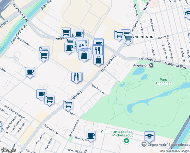 map of restaurants, bars, coffee shops, grocery stores, and more near 7091 Boulevard Newman in Montréal