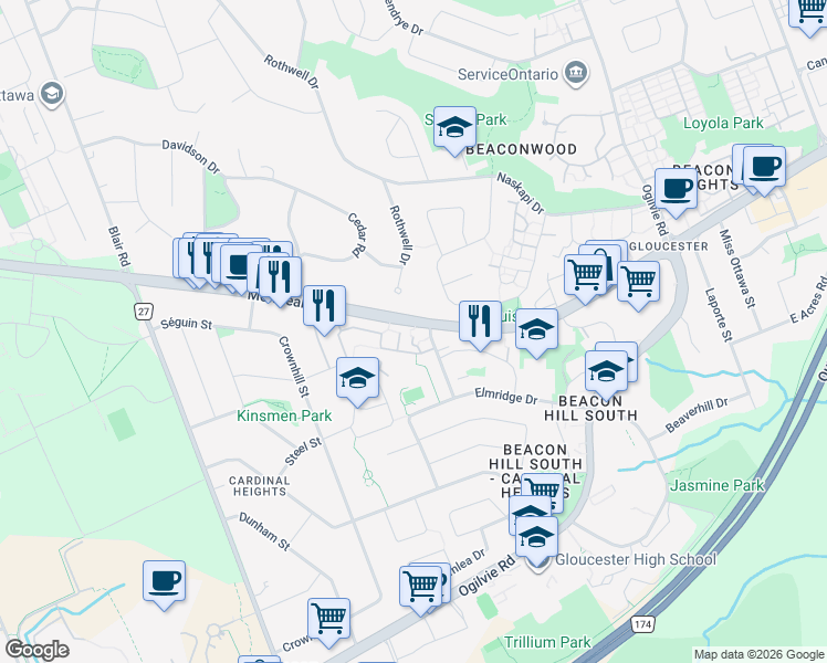 map of restaurants, bars, coffee shops, grocery stores, and more near 896 Elmsmere Road in Ottawa