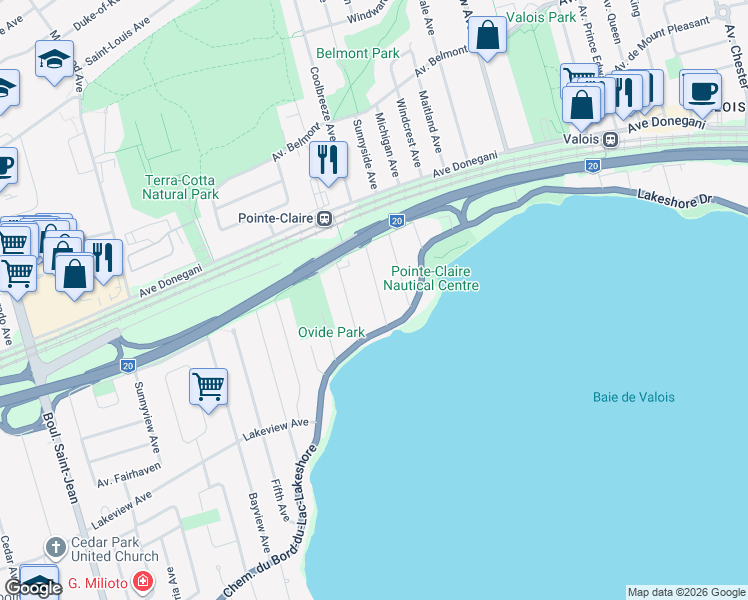 map of restaurants, bars, coffee shops, grocery stores, and more near 14 Avenue Coolbreeze in Pointe-Claire