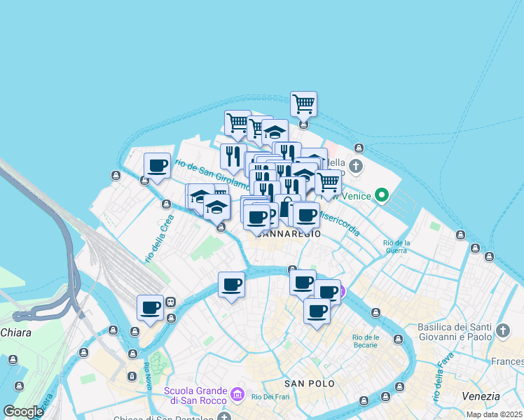 map of restaurants, bars, coffee shops, grocery stores, and more near 2904 Calesele in Venezia