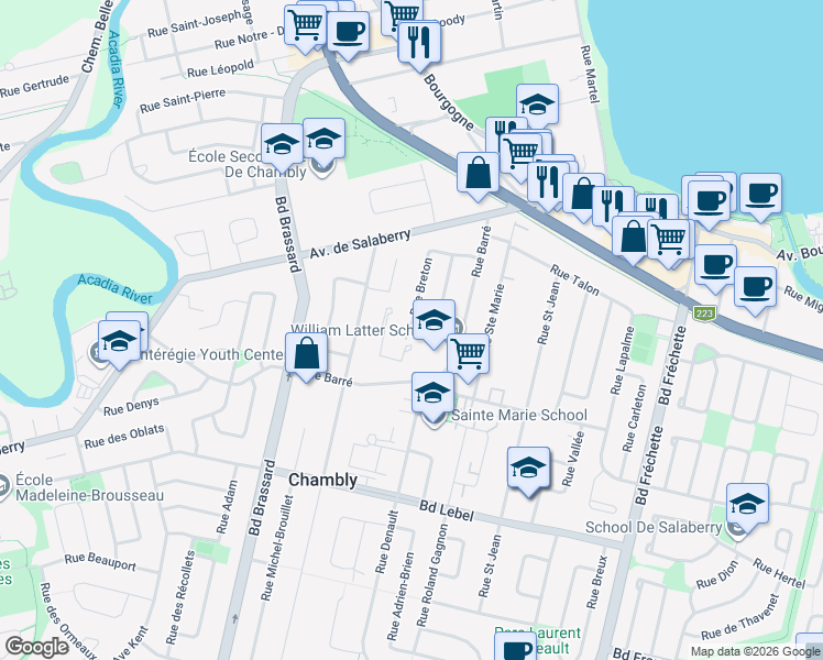 map of restaurants, bars, coffee shops, grocery stores, and more near 1244 Rue Breton in Chambly