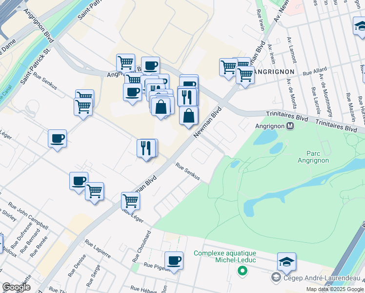 map of restaurants, bars, coffee shops, grocery stores, and more near 7091 Boulevard Newman in Montréal