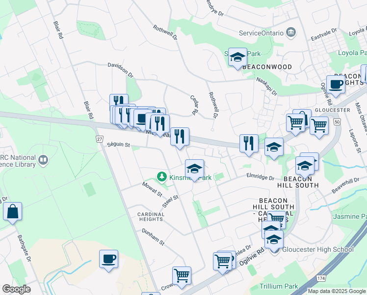 map of restaurants, bars, coffee shops, grocery stores, and more near 47 Sumac Street in Ottawa