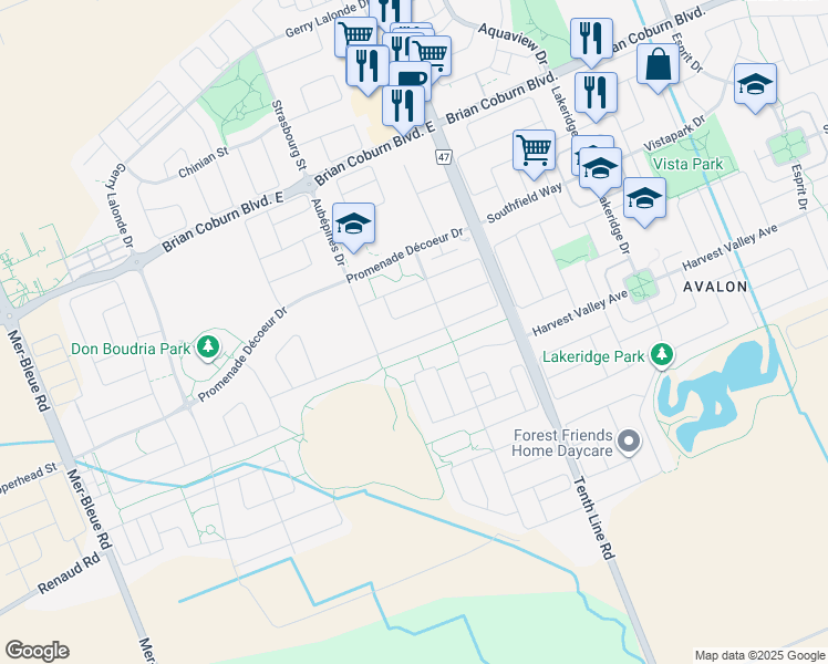 map of restaurants, bars, coffee shops, grocery stores, and more near 354 Hepatica Way in Ottawa