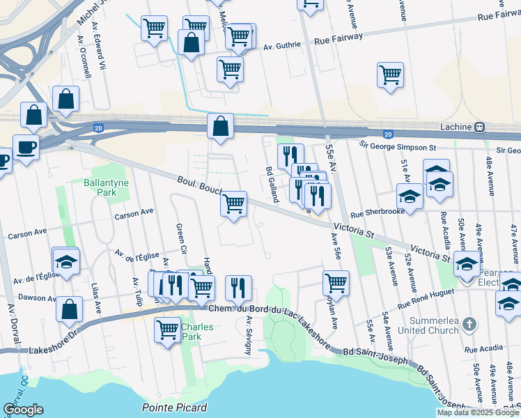 map of restaurants, bars, coffee shops, grocery stores, and more near 150 Boulevard Bouchard in Dorval