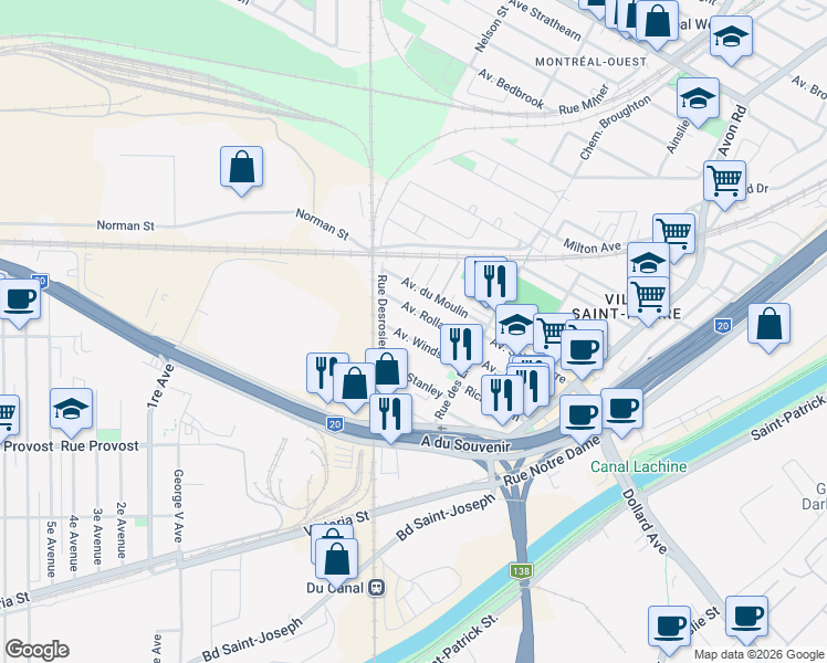 map of restaurants, bars, coffee shops, grocery stores, and more near 131 Avenue Windsor in Montréal