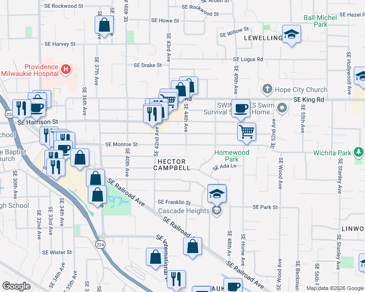 map of restaurants, bars, coffee shops, grocery stores, and more near 4365 Southeast Monroe Street in Milwaukie