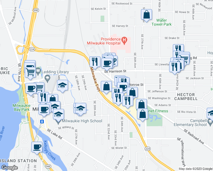 map of restaurants, bars, coffee shops, grocery stores, and more near 10801 Southeast Myrtle Street in Milwaukie