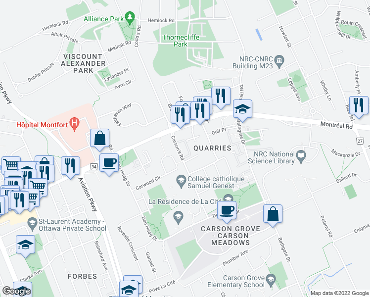 map of restaurants, bars, coffee shops, grocery stores, and more near in Ottawa