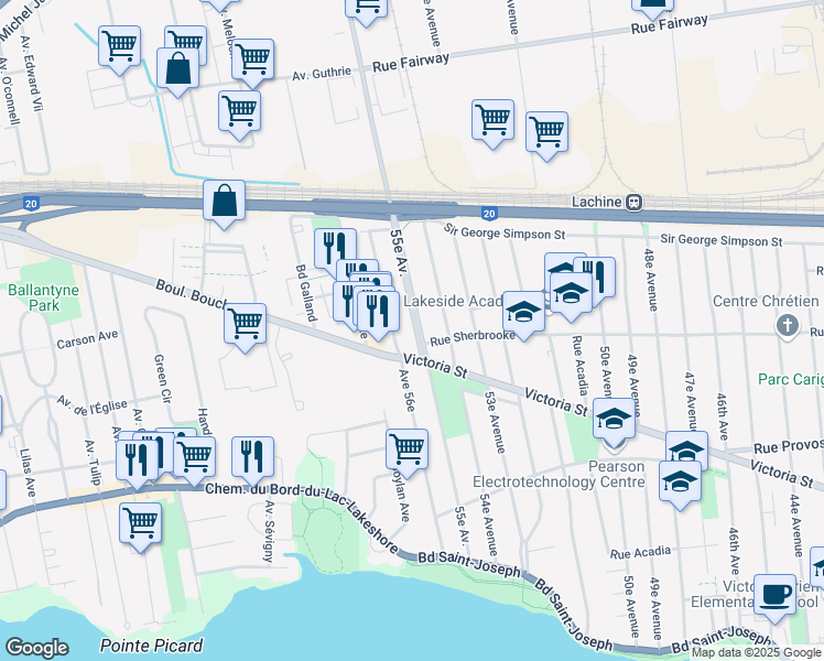 map of restaurants, bars, coffee shops, grocery stores, and more near 815 55th Avenue in Montreal