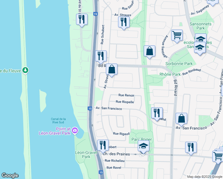 map of restaurants, bars, coffee shops, grocery stores, and more near 1200 Rue Rembrandt in Brossard