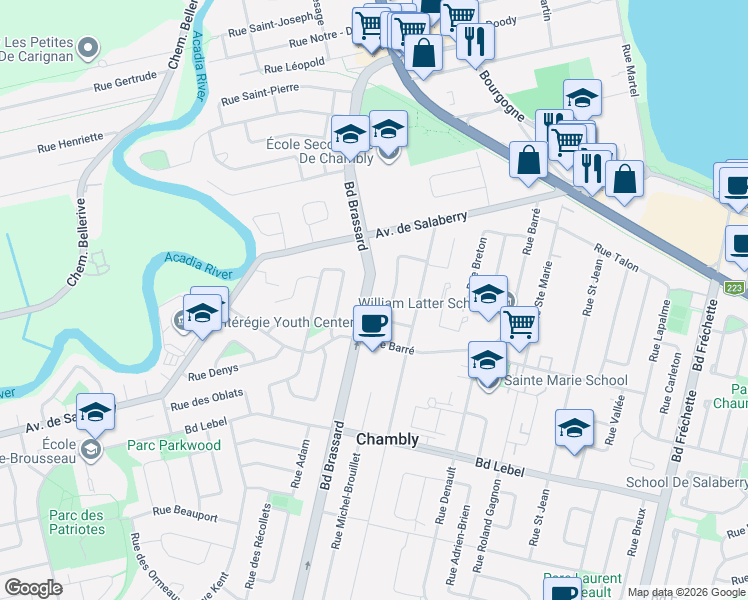 map of restaurants, bars, coffee shops, grocery stores, and more near 1041 Boulevard Brassard in Chambly