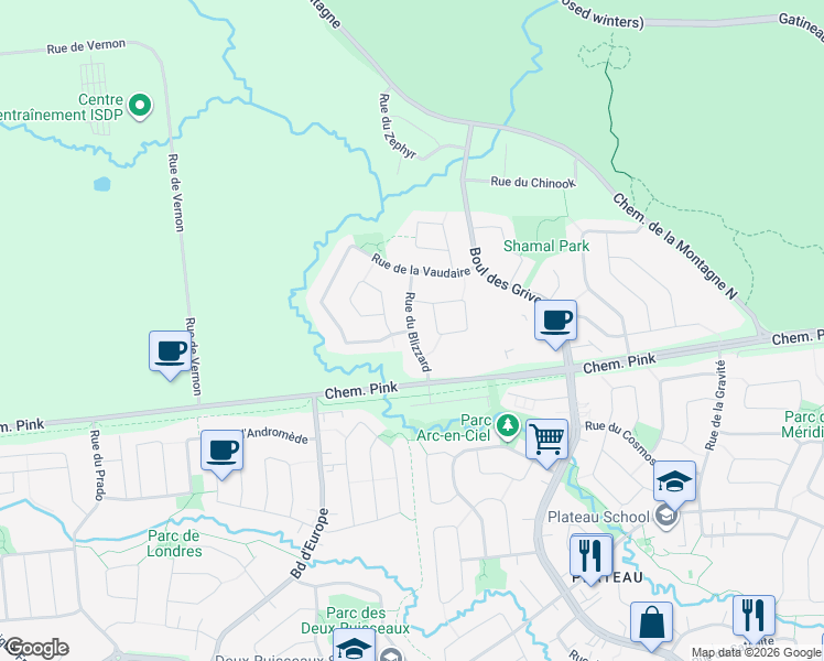 map of restaurants, bars, coffee shops, grocery stores, and more near Rue du Blizzard in Gatineau