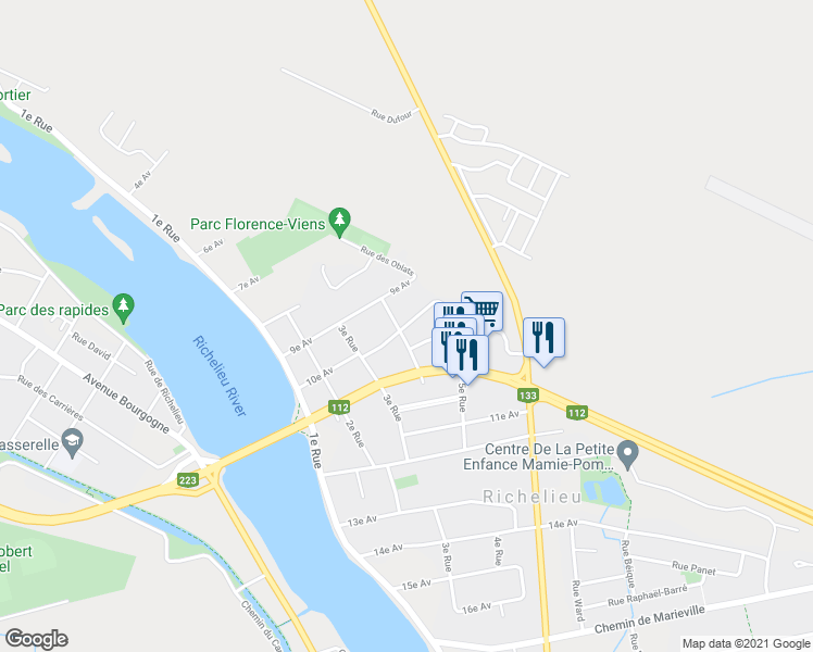 map of restaurants, bars, coffee shops, grocery stores, and more near 411 10e Av in Richelieu