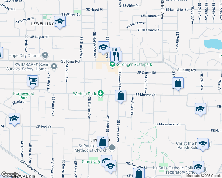 map of restaurants, bars, coffee shops, grocery stores, and more near 6047 Southeast Monroe Street in Milwaukie