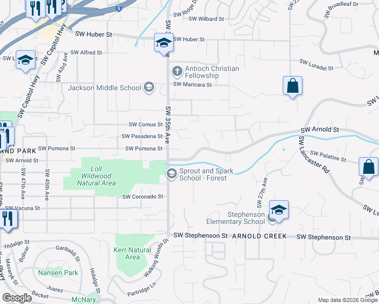 map of restaurants, bars, coffee shops, grocery stores, and more near 3217 Southwest Arnold Street in Portland