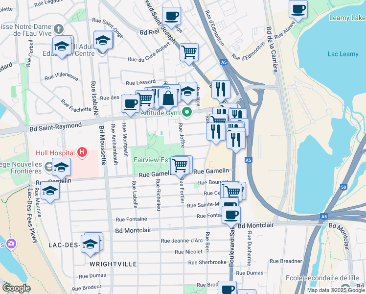 map of restaurants, bars, coffee shops, grocery stores, and more near 27 Joffre Street in Gatineau