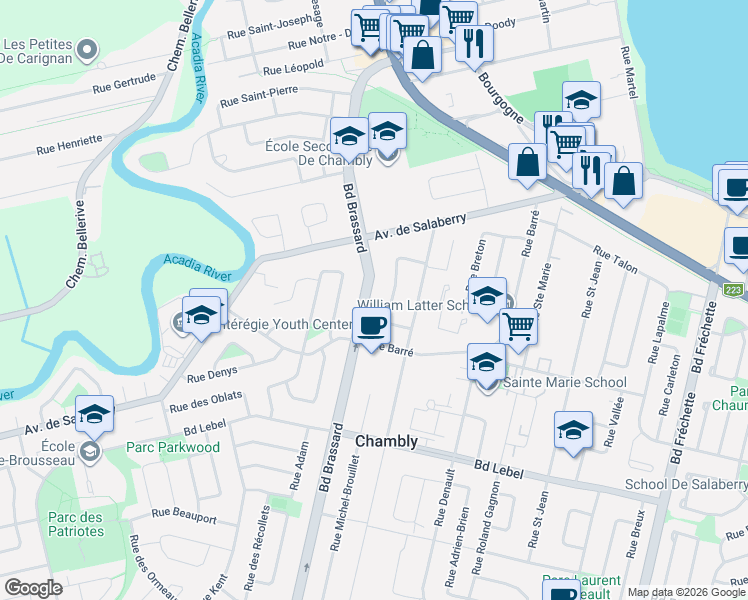 map of restaurants, bars, coffee shops, grocery stores, and more near 1041 Boulevard Brassard in Chambly