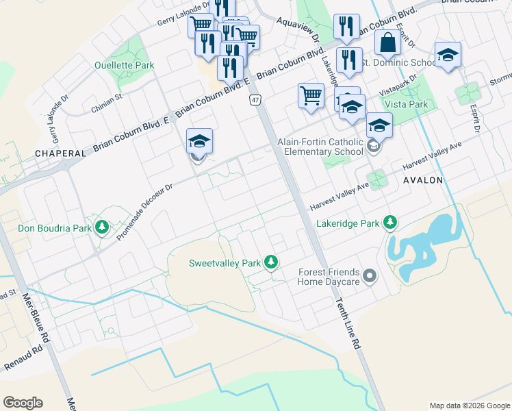 map of restaurants, bars, coffee shops, grocery stores, and more near Hepatica Way in Ottawa