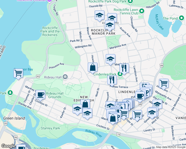 map of restaurants, bars, coffee shops, grocery stores, and more near 27 Belvedere Crescent in Ottawa