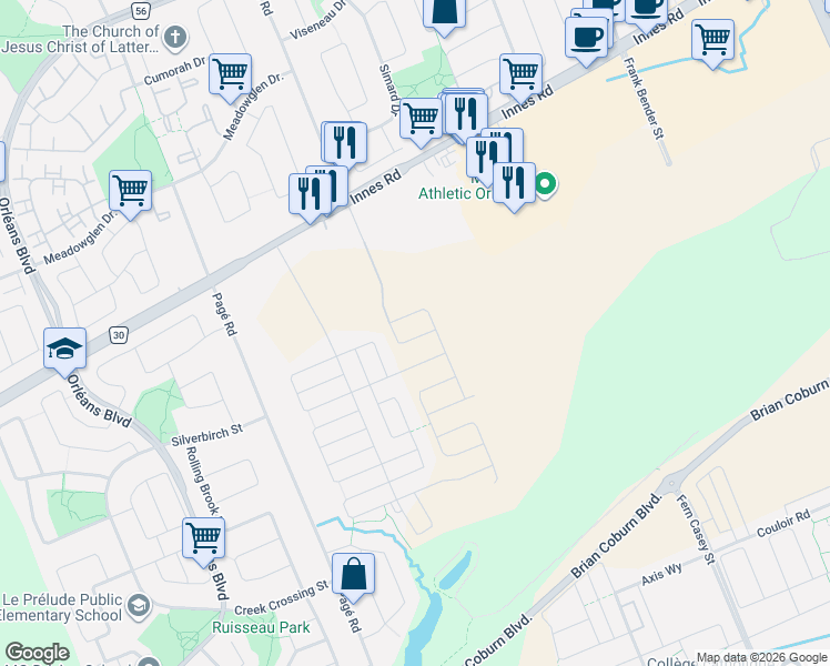 map of restaurants, bars, coffee shops, grocery stores, and more near 1047 Ventus Way in Ottawa