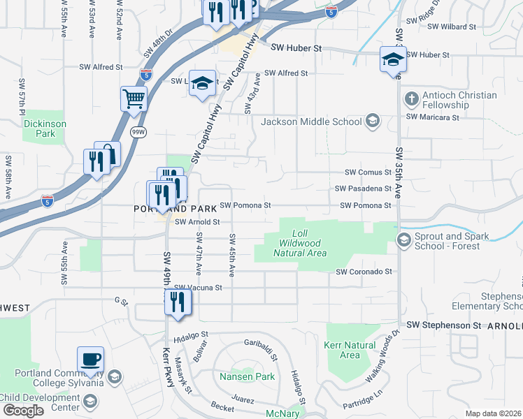 map of restaurants, bars, coffee shops, grocery stores, and more near 11105 Southwest 43rd Avenue in Portland