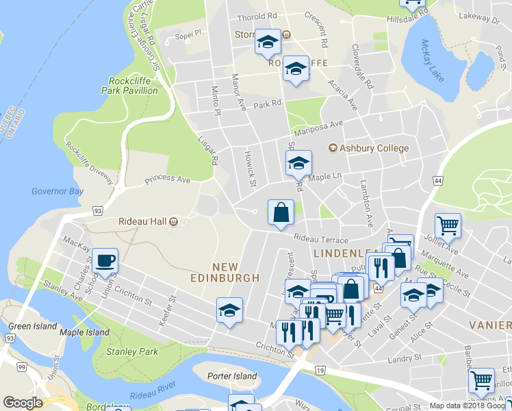 map of restaurants, bars, coffee shops, grocery stores, and more near 27 Belvedere Crescent in Ottawa