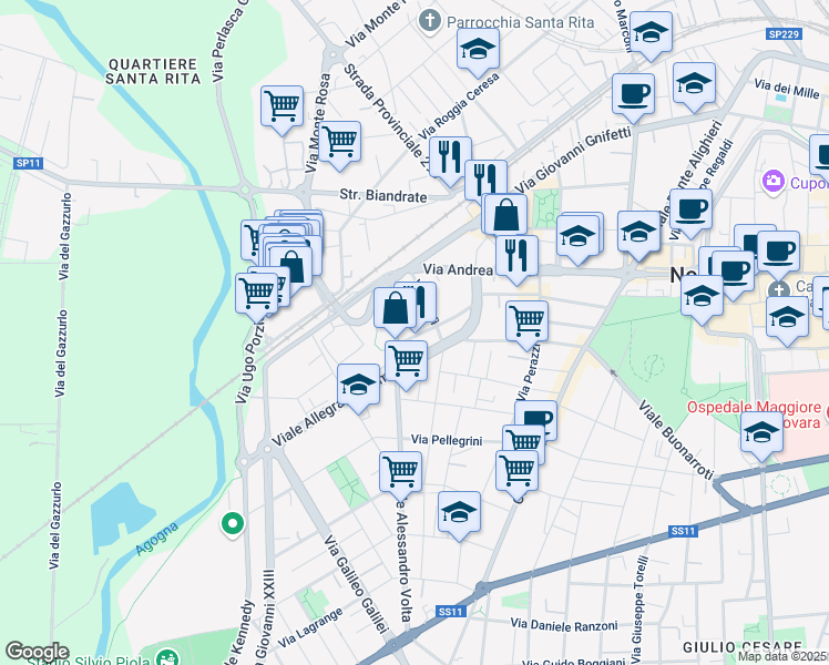 map of restaurants, bars, coffee shops, grocery stores, and more near 28 Via Agogna in Novara